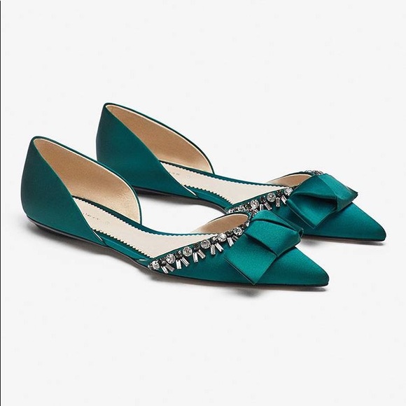 Zara Shoes - Zara Beaded D’orsay green satin pointed toe flats size 40